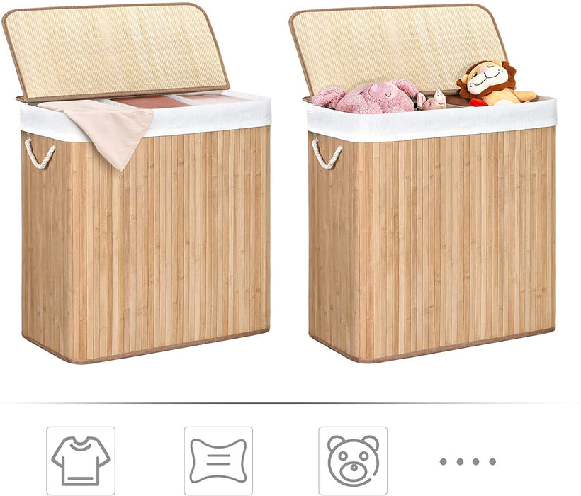 Wäschekorb, Wäschesammler, aus Bambus, Wäschetruhe mit Griffen, 3 Fächern, Deckel mit Clips, 150 L, faltbar, für Waschküche, Schlafzimmer, Bad