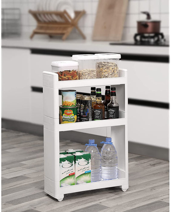 Nischenwagen schmal in Weiß mit 3 Ablagefächern Nischenschrank mit Rollen für Küche Bad Keller 17 cm breit