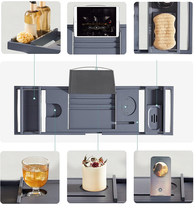 ausziehbare Badewannenablage aus Bambus, Badewannenbrett, Badewannen Ablagen mit Getränkehalter, Buchstütze, Seifenhalter