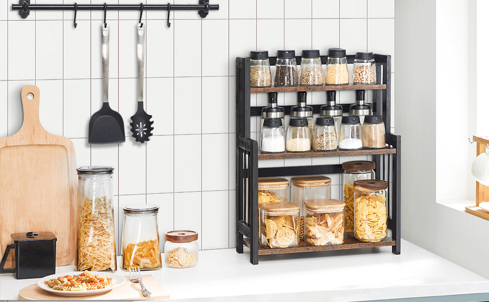 Gewürzregal mit 3 Ebenen, Küchenregal, Aufbewahrungsregal, für Arbeitsplatte, Bambusgestell, für Küche, Esszimmer, Büro, vintagebraun-schwarz