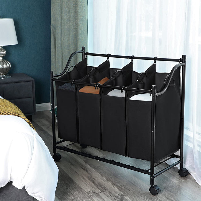Wäschekorb mit 4 Fächern, Wäschesortierer, Wäschesammler, mit Rädern, abnehmbare Taschen, Spielzeugaufbewahrung, 4 x 35 Liter, schwarz