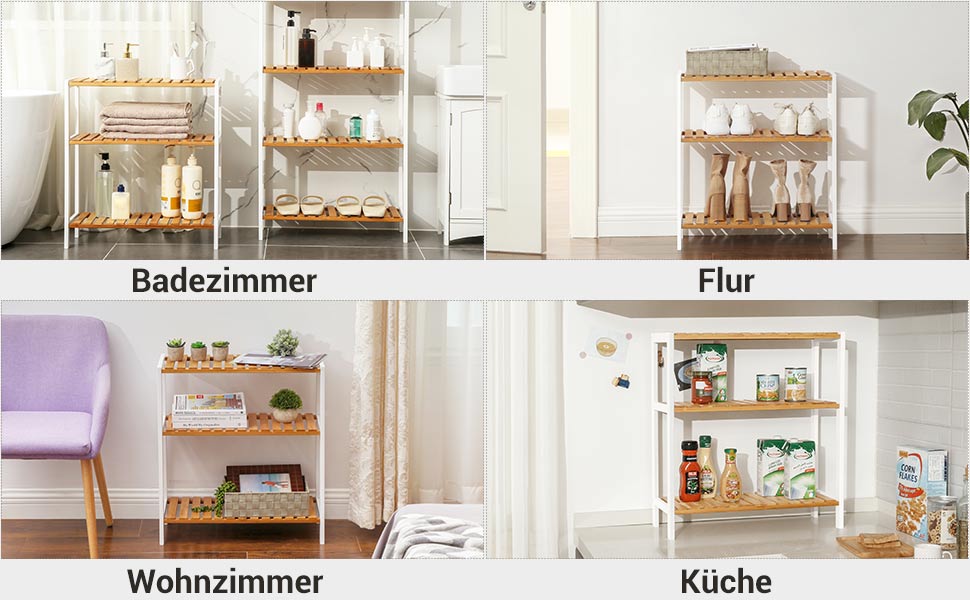 Badezimmerregal, Badregal, Küchenregal, Schuhregal, Bambus Standregal, 60 x 26 x 66 cm ideal für Bad, Wohnzimmer, Flur, Küche, naturfarben-weiß