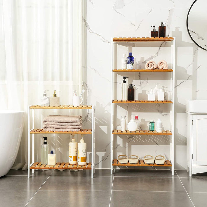 Badezimmerregal, Badregal, Küchenregal, Schuhregal, Bambus Standregal, 60 x 26 x 66 cm ideal für Bad, Wohnzimmer, Flur, Küche, naturfarben-weiß