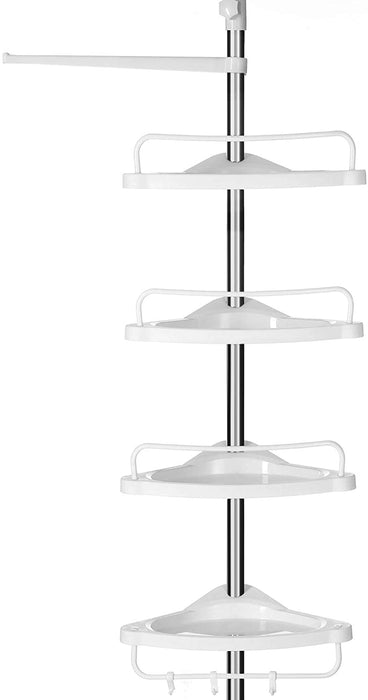 Duschregal höhenverstellbar, Eckregal fürs Badezimmer, Badregal, 95-300 cm, Boden bis Decke, Edelstahl, 4 Ablagen, 3 Haken, 1 Handtuchhalter