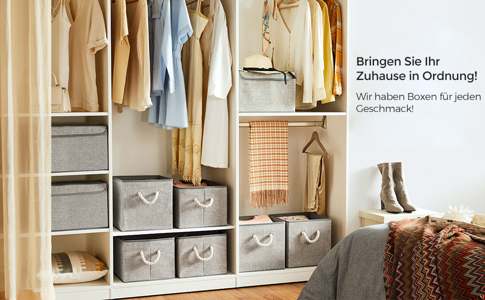 Aufbewahrungsboxen, 3er Set, Stoffboxen ohne Deckel, mit Griffen, 30 x 30 x 30 cm, Leinenoptik, grau