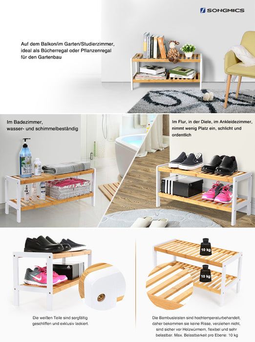 Schuhregal aus Bambus, Schuhablage mit 2 Ebenen, Schuh-Organizer, Regal für Schuhe, Pflanzen, Bücher, Wohnzimmer, Flur, Schlafzimmer, weiß-naturfarben