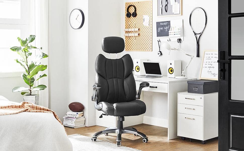 Bürostuhl, ergonomischer Drehstuhl, mit klappbaren Armlehnen, Nylon-Sternfuß, Tragfähigkeit 150 kg, schwarz