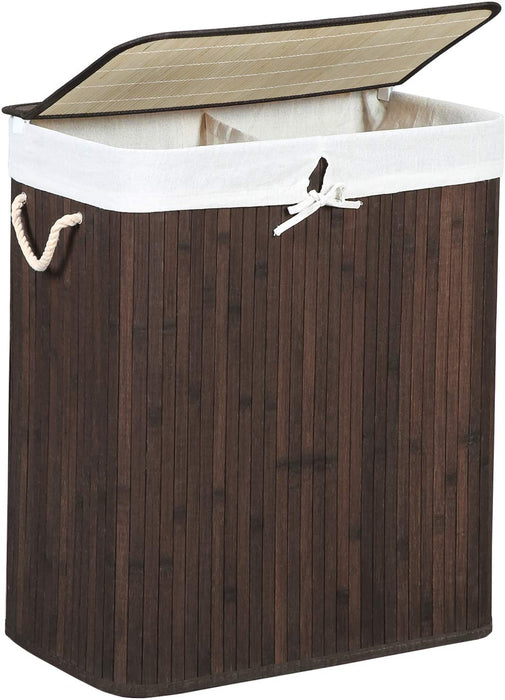 Wäschekorb aus Bambus, Wäschesammler mit 2 Fächern, Wäschesortierer mit Deckel und herausnehmbarem Wäschesack, Tragegriffe aus Baumwolle, 100 L