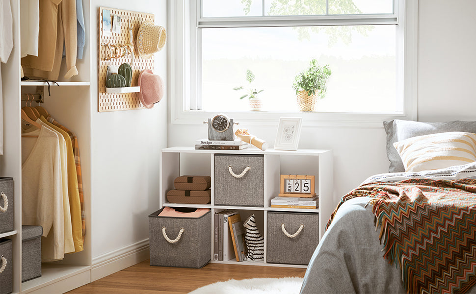 Aufbewahrungsboxen, 3er Set, Stoffboxen ohne Deckel, mit Griffen, 30 x 30 x 30 cm, Leinenoptik, grau