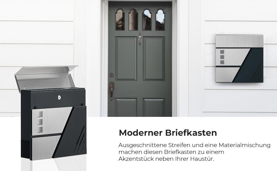 Briefkasten, Wandbriefkasten mit Sichtfenster, aus Edelstahl, für Haustür, mit Schloss und Schlüsseln, silbern-anthrazit
