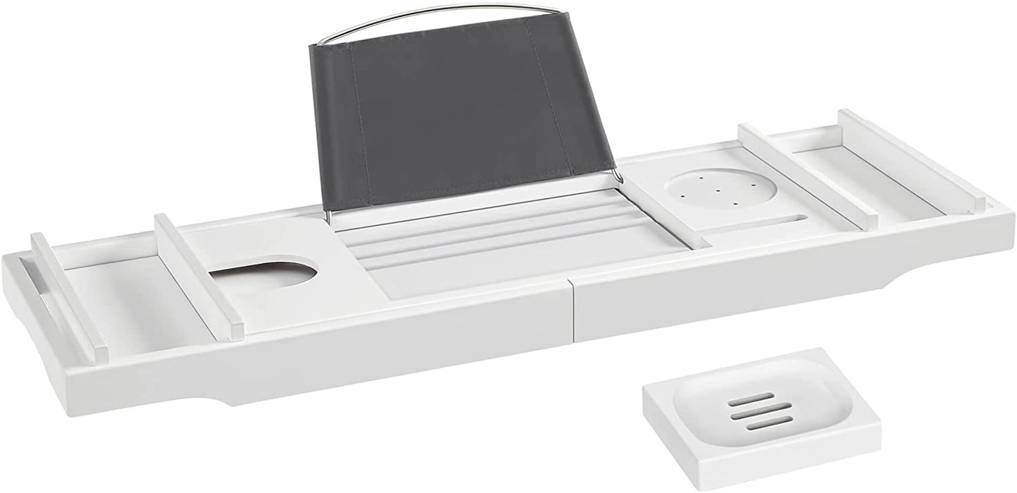 Badewannenablage aus Bambus, Badewannenbrett, ausziehbar, verstellbar, Ablage für Badewannen, mit Getränkehalter, Handy-Stütze, Seifenablage, (75-109) x 23 x 4,5 cm, weiß