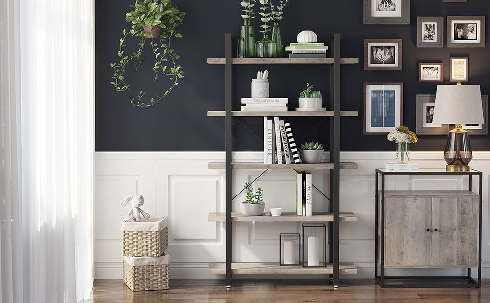 Bücherregal, stabiles Standregal mit 5 Regalebenen, Wohnzimmerregal im Industrie-Design, einfacher Aufbau, Wohnzimmer, Schlafzimmer, Büro, Greige