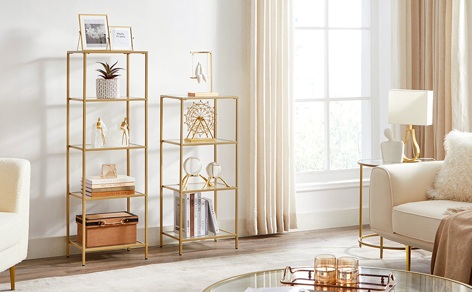 Standregal, Bücherregal, Badregal, 5 Ebenen, Küchenregal, schmal, Regal, Badezimmerregal, für Wohnzimmer, Schlafzimmer, Arbeitszimmer, Hartglas