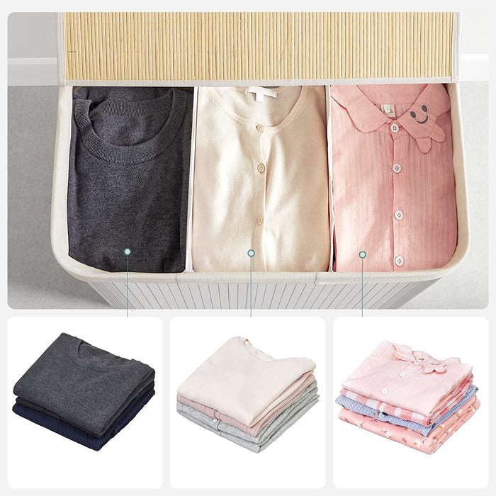 Wäschekorb, Wäschesammler, aus Bambus, Wäschetruhe mit Griffen, 3 Fächern, Deckel mit Clips, 150 L, faltbar, für Waschküche, Schlafzimmer, Bad, weiß