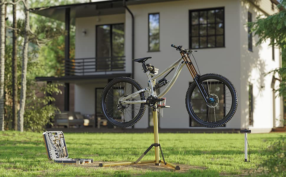 Fahrradmontageständer, Aluminium Montageständer für Fahrräder, Reparaturständer mit magnetischer Werkzeugschale, Reparaturset, höhenverstellbar