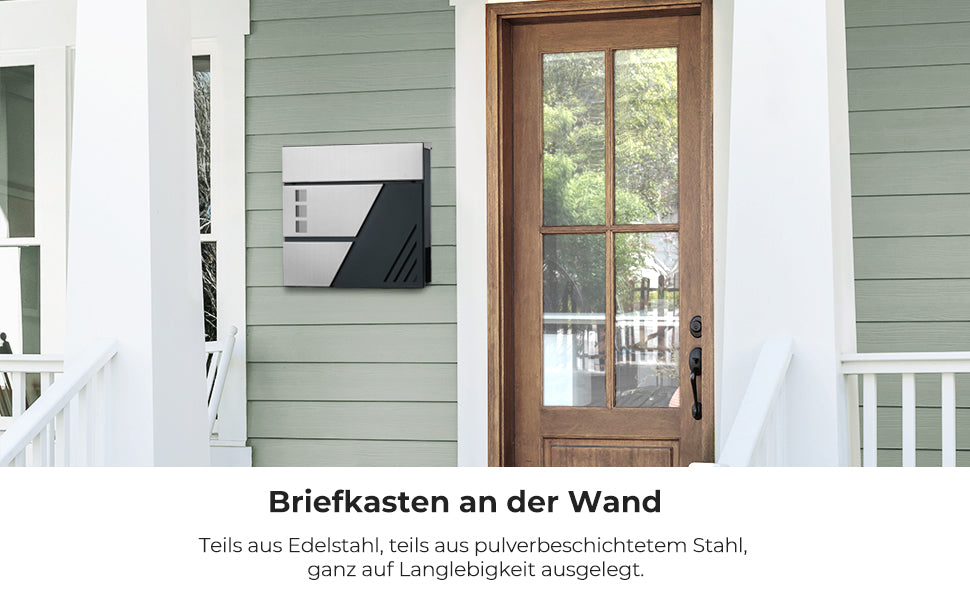 Briefkasten, Wandbriefkasten mit Sichtfenster, aus Edelstahl, für Haustür, mit Schloss und Schlüsseln, silbern-anthrazit