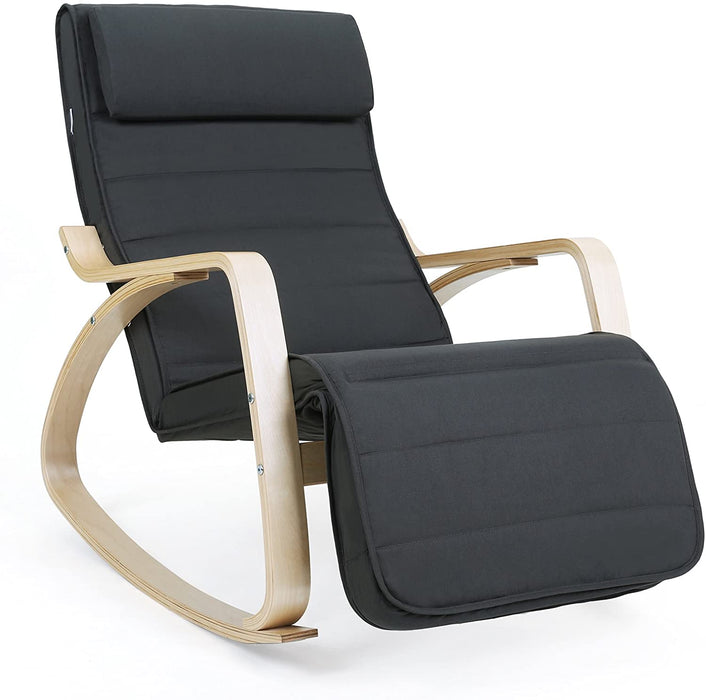 Schaukelstuhl, mit Armlehnen aus Birkenholz, Schaukelsessel, 5-stufig verstellbare Fußstütze, Relaxstuhl, bis 150 kg belastbar, Wohnzimmer