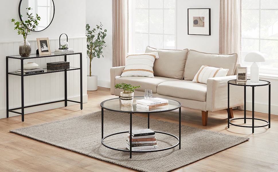 Konsolentisch, Beistelltisch mit 2 Ablagen, Hartglas, Aufbewahrungsregal, Metallgestell, verstellbare Füße, für Wohnzimmer, Flur, schwarz