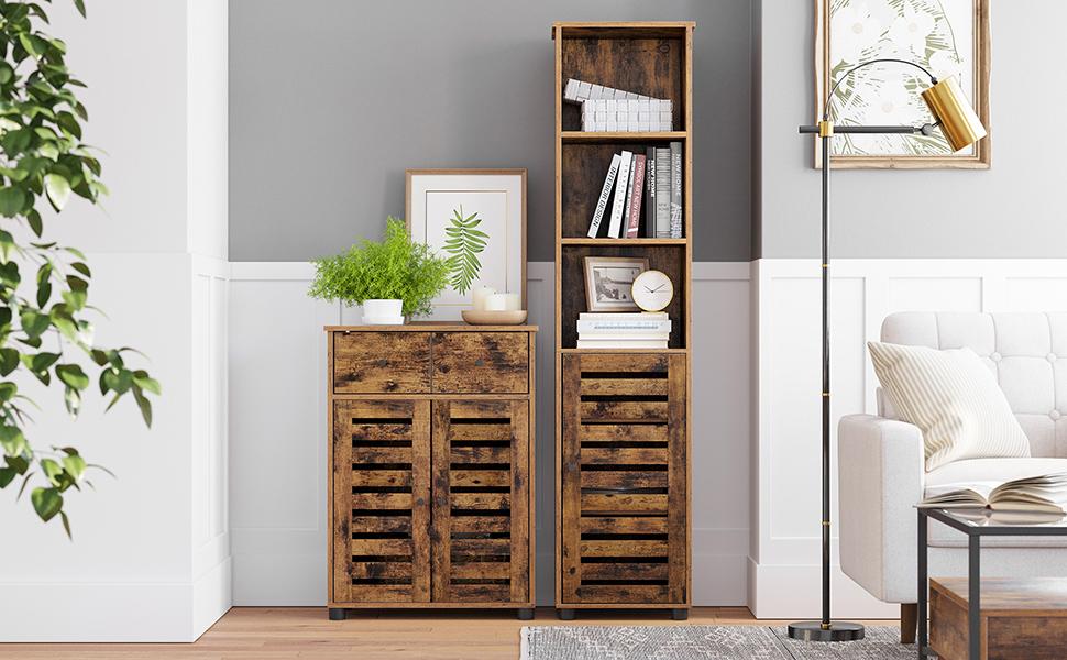 Badezimmerschrank, Hochschrank, Badschrank, 3 offene Fächer, 2 verstellbare Einlegeböden hinter der Tür, Aufbewahrungsschrank, für Badezimmer