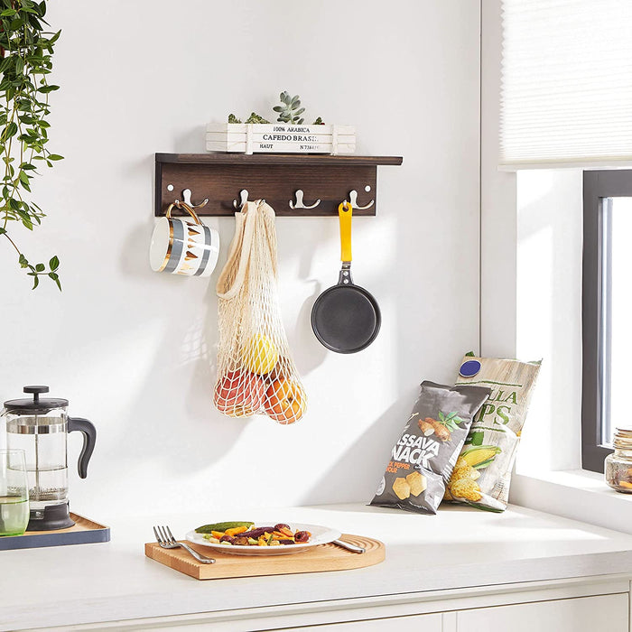 Wandgarderobe, Flurgarderobe, mit 4 Doppelhaken, mit Ablage, Garderobenhaken, für Badezimmer, Wohnzimmer, Küche, vintagebraun