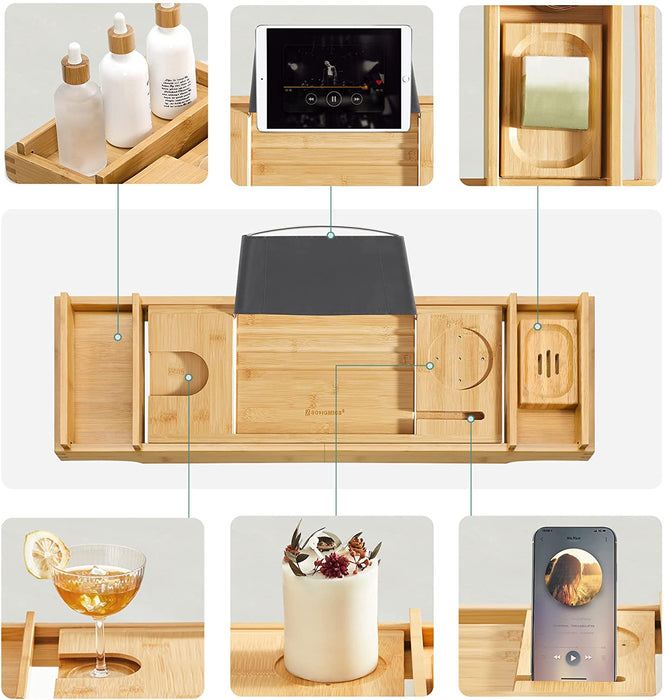 ausziehbare Badewannenablage aus Bambus verstellbares Badewannenbrett Badewannen Ablagen, mit Getränkehalter, Buchstütze, Seifenhalter