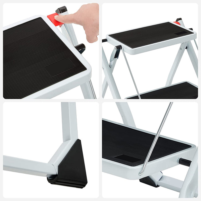 Klapptritt mit 2 Stufen, Trittleiter, Leiter, 20 cm breite Stufen, rutschfeste Gummimatte, mit Tragegriff, bis 150 kg belastbar, aus Stahl
