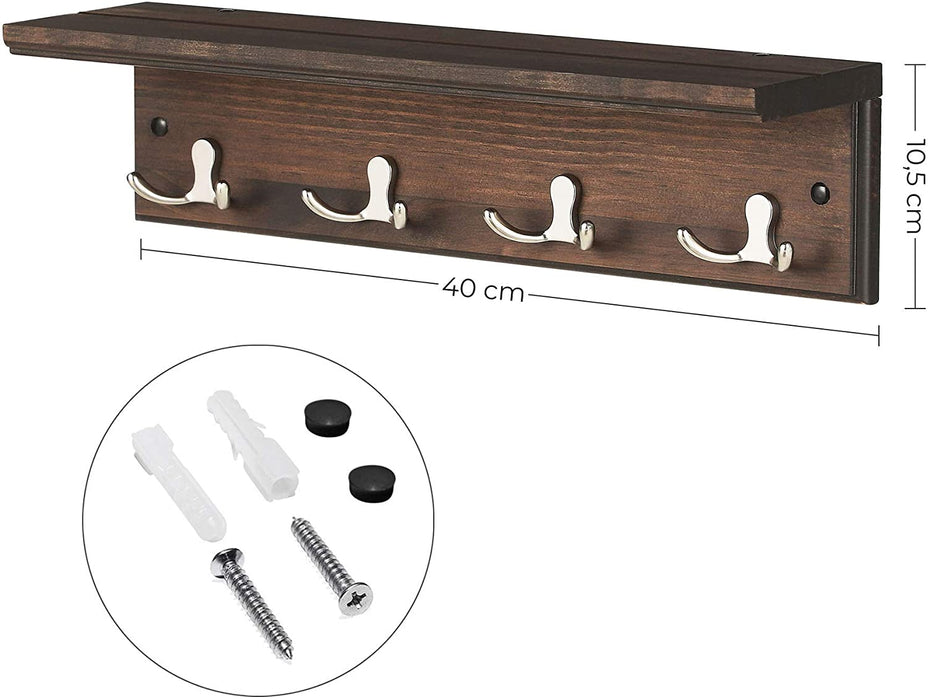 Wandgarderobe, Flurgarderobe, mit 4 Doppelhaken, mit Ablage, Garderobenhaken, für Badezimmer, Wohnzimmer, Küche, vintagebraun