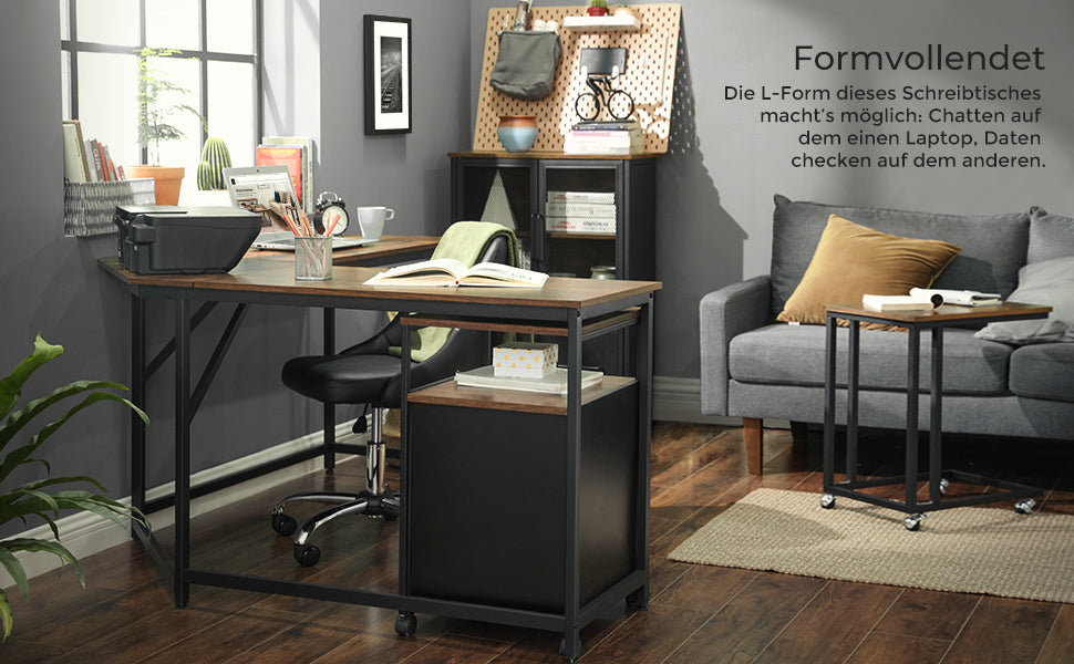 Eckschreibtisch, L-förmiger Computertisch, Bürotisch, Arbeitszimmer, Homeoffice, Gaming, platzsparend, einfache Montage, Industrie-Design vintagebraun