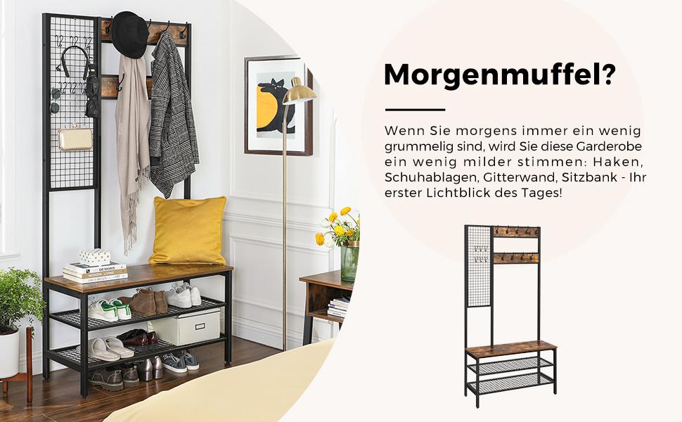 Großer Garderobenständer mit Sitzbank, Kleiderständer mit 9 Kleiderhaken und Schuhregal, Garderobe mit Gitterwand, 185 cm hoch, viel Stauraum