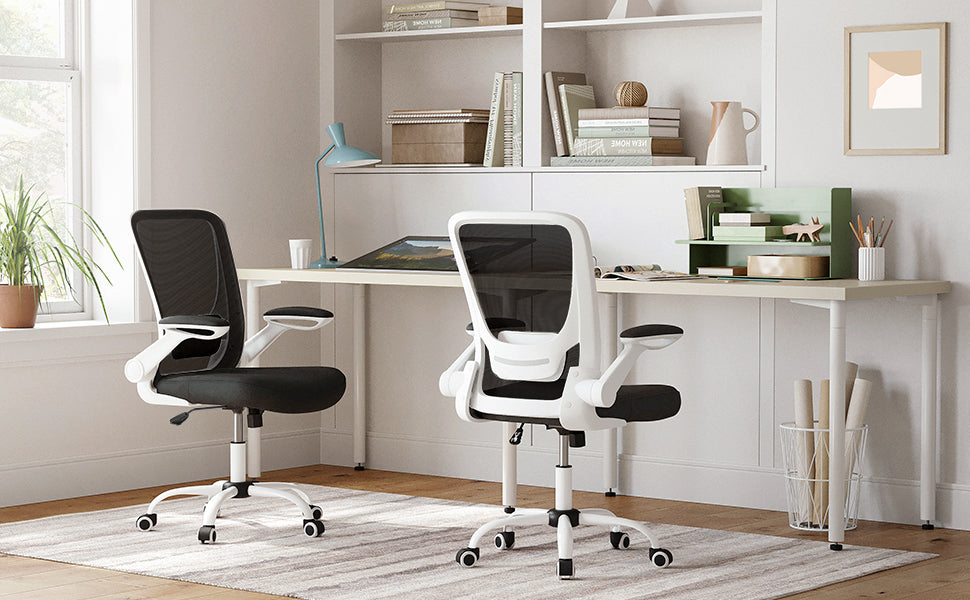 Bürostuhl ergonomisch, Schreibtischstuhl klappbare armlehne, 360° Drehstuhl, verstellbare Lendenstütze, platzsparend, schwarz-weiß