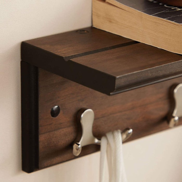 Wandgarderobe, Flurgarderobe, mit 4 Doppelhaken, mit Ablage, Garderobenhaken, für Badezimmer, Wohnzimmer, Küche, vintagebraun