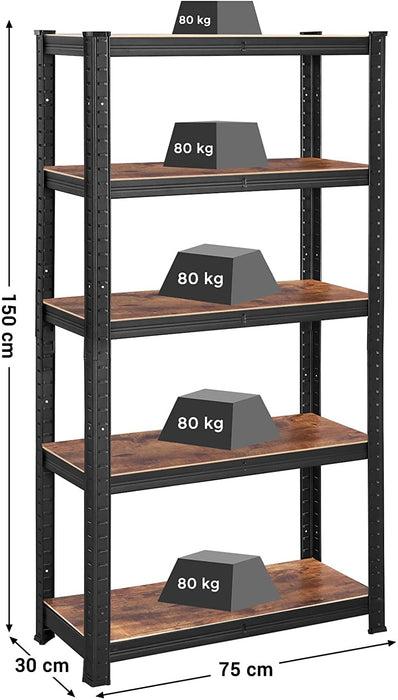 Standregal, Bücherregal, Lagerregal, 5 Ablagen, Küchenregal, Regal, 150 x 75 x 30 cm, bis 400 kg belastbar, verstellbare Ablagen, Industriestil