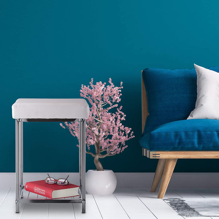 Weiß Hocker gepolstert, Kleiner Sitzhocker, Quadratisch, Polsterhocker mit Ablage, Badhocker, HBT 47x33x33cm