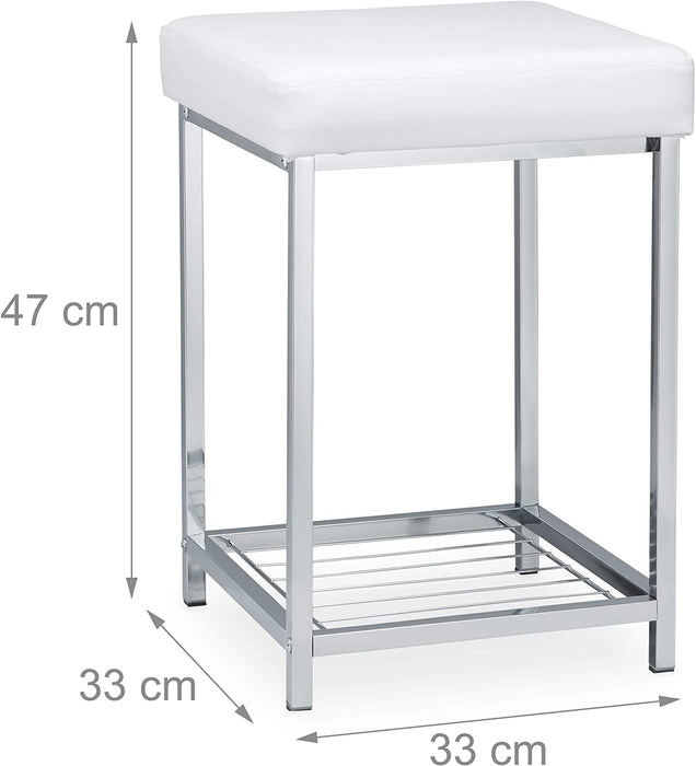 Weiß Hocker gepolstert, Kleiner Sitzhocker, Quadratisch, Polsterhocker mit Ablage, Badhocker, HBT 47x33x33cm