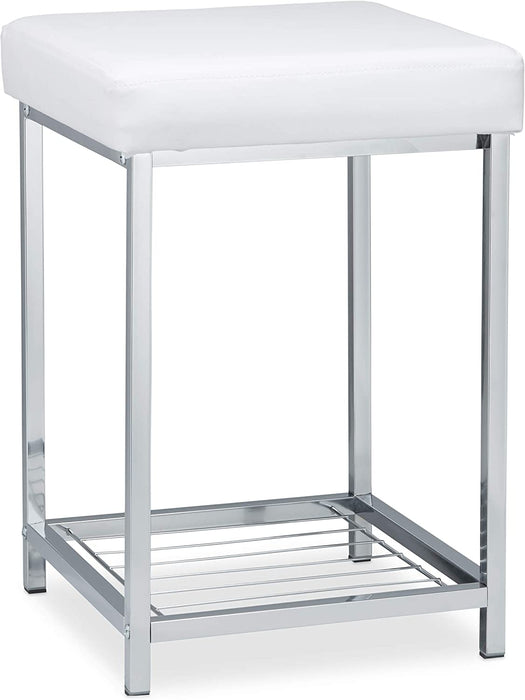 Weiß Hocker gepolstert, Kleiner Sitzhocker, Quadratisch, Polsterhocker mit Ablage, Badhocker, HBT 47x33x33cm