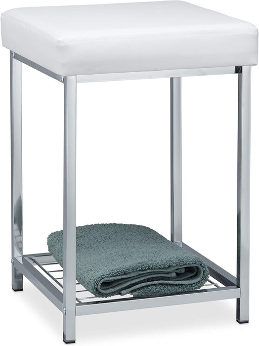 Weiß Hocker gepolstert, Kleiner Sitzhocker, Quadratisch, Polsterhocker mit Ablage, Badhocker, HBT 47x33x33cm