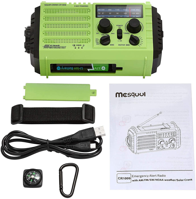 AM/FM/SW Baustellenradio Kurbelradio, Tragbares 5-Wege Wetter Solar Radio, Dynamo Handkurbel, Power Bank, LED Camping Licht, SOS-Alarm, Kompass (Grün)