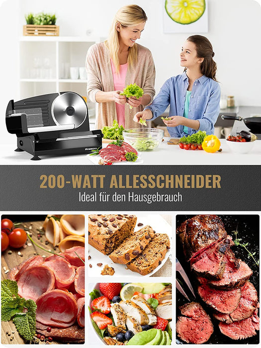 Brotschneidemaschine Elektrisch 200W, 2 rostfreies Edelstahlmesser, Leicht zu reinigen, Elektrische Allesschneider mit 0-15 mm einstellbarer Dicke