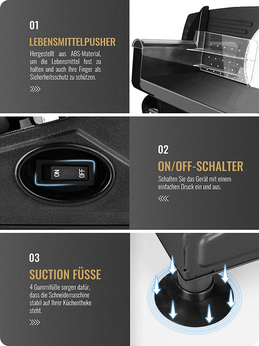 Brotschneidemaschine Elektrisch 200W, 2 rostfreies Edelstahlmesser, Leicht zu reinigen, Elektrische Allesschneider mit 0-15 mm einstellbarer Dicke