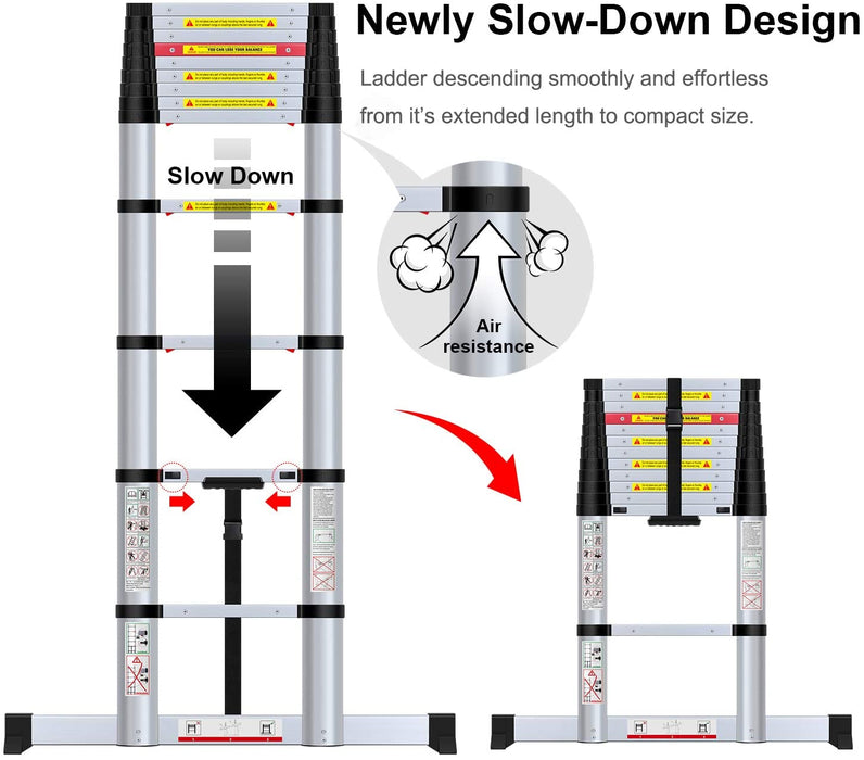 3,8M Teleskopleiter mit Stabilisator, Aluminium Ausziehleiter Hohe Mehrzweckleiter, 150 kg Belastbarkeit Schwarz