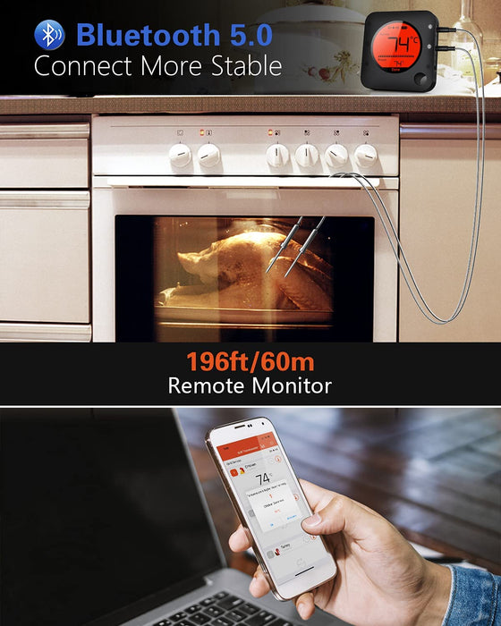 Bluetooth Grillthermometer, Digital Funk BBQ Thermometer mit 2 Sonden Fleischthermometer Bratenthermometer für Küche, Ofen, Fleisch und Flüssigkeit