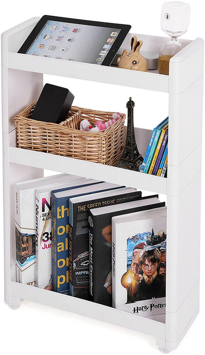 Nischenwagen schmal in Weiß mit 3 Ablagefächern Nischenschrank mit Rollen für Küche Bad Keller 17 cm breit