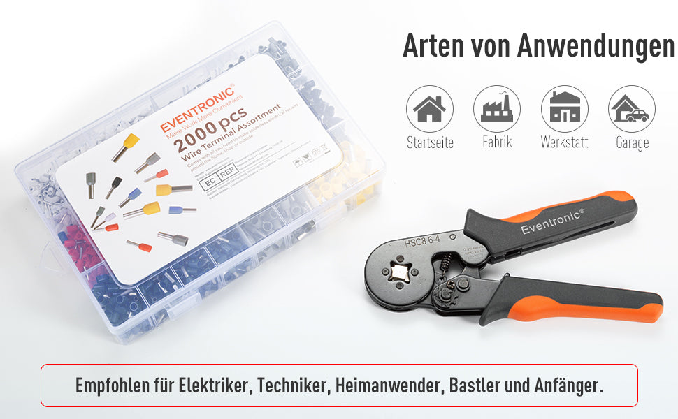 Crimpzange Kabelschuhe Set, 0.25-6mm² selbsteinstellbares Ratschendraht-Crimpwerkzeug mit 2000 stück Aderendhülsen Tool Kit