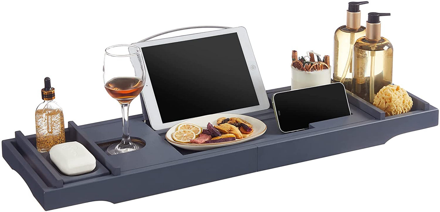 ausziehbare Badewannenablage aus Bambus, Badewannenbrett, Badewannen Ablagen mit Getränkehalter, Buchstütze, Seifenhalter