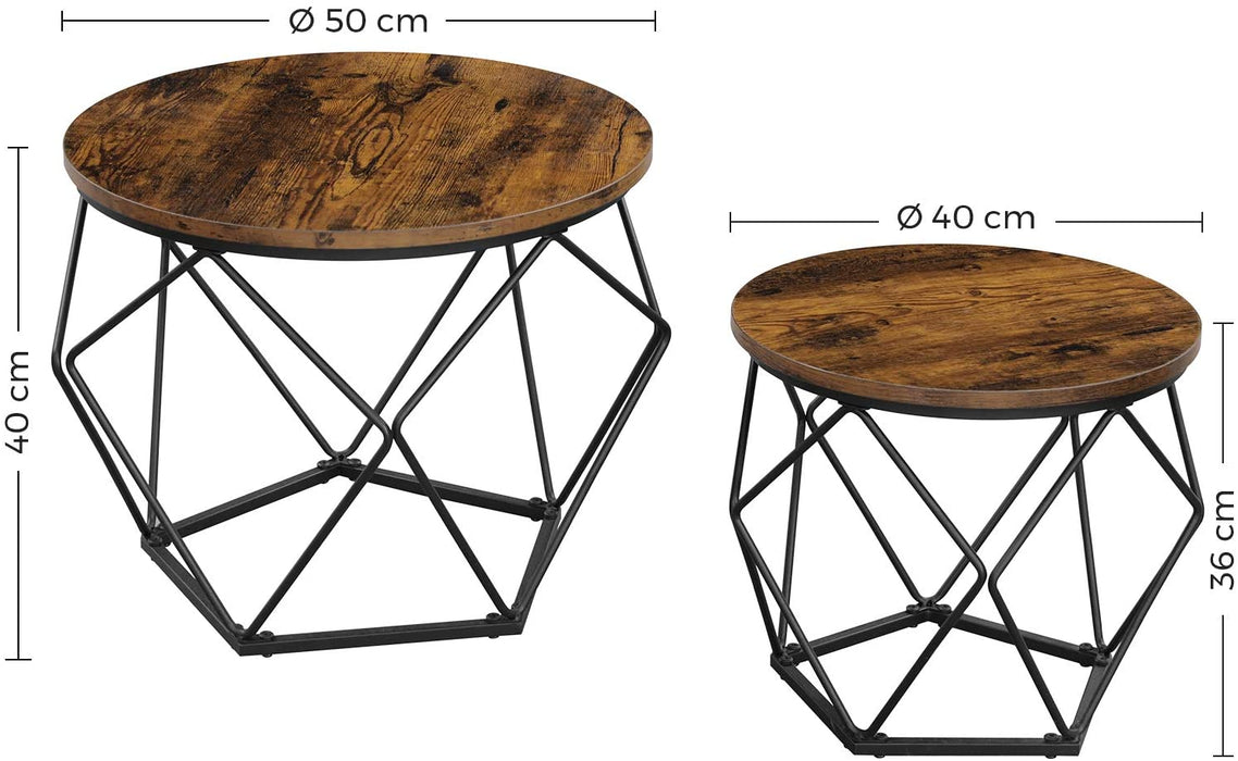 Beistelltische, 2er Set, geometrische Couchtische mit Korbfunktion, dekorativ, robust, Stahlrahmen, für Wohnzimmer, Schlafzimmer, vintagebraun-schwarz