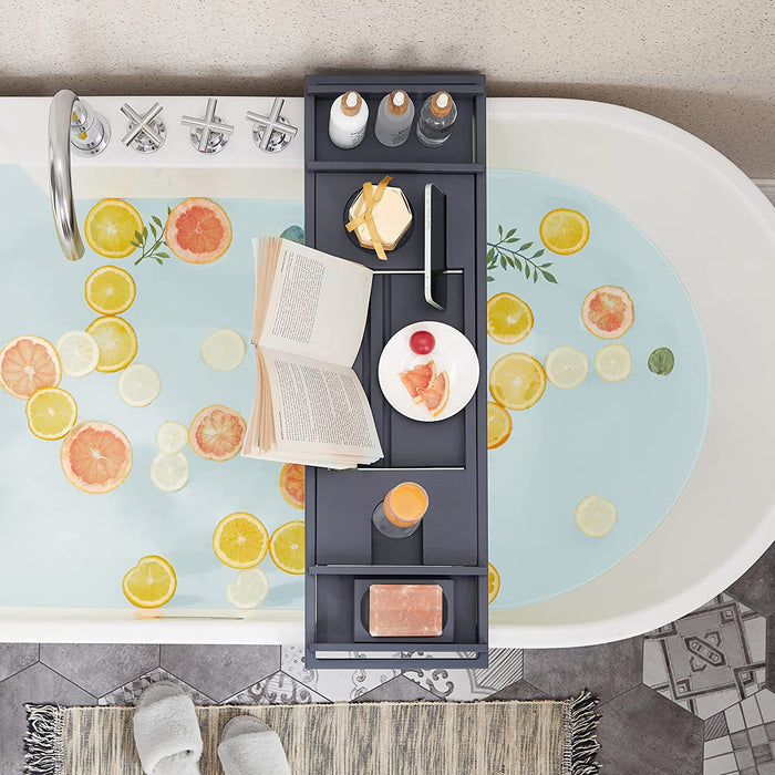 ausziehbare Badewannenablage aus Bambus, Badewannenbrett, Badewannen Ablagen mit Getränkehalter, Buchstütze, Seifenhalter