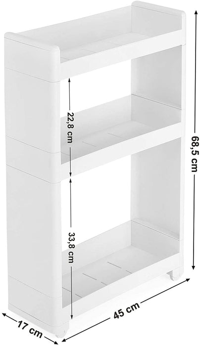 Nischenwagen schmal in Weiß mit 3 Ablagefächern Nischenschrank mit Rollen für Küche Bad Keller 17 cm breit