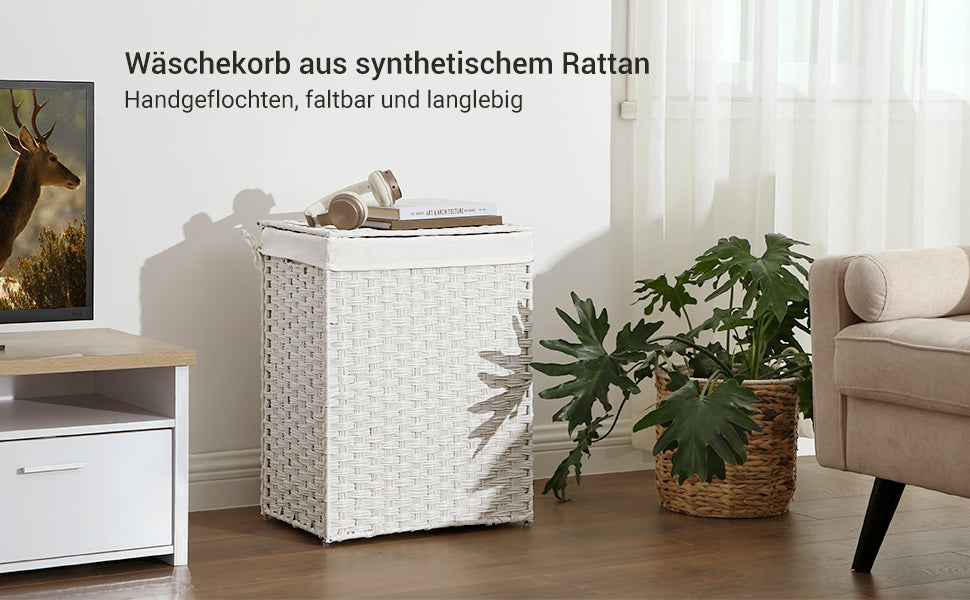 Wäschekorb handgeflochten, 90 L, Wäschesammler aus synthetischem Rattan, mit Deckel und Griffen, faltbar, Wäschesack herausnehmbar, weiß