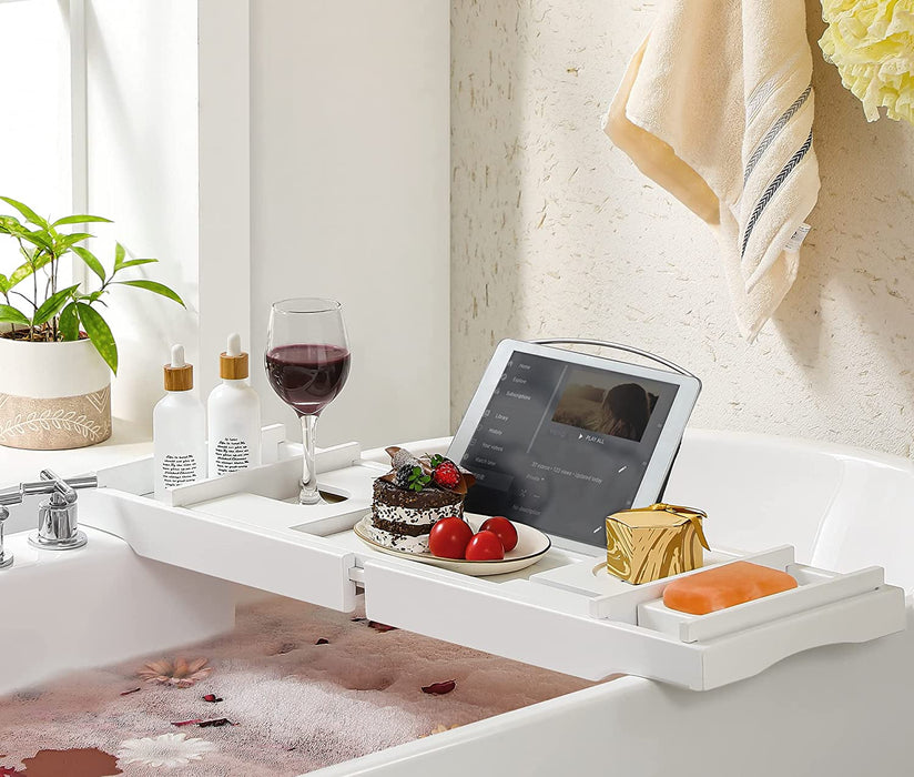 Badewannenablage aus Bambus, Badewannenbrett, ausziehbar, verstellbar, Ablage für Badewannen, mit Getränkehalter, Handy-Stütze, Seifenablage, (75-109) x 23 x 4,5 cm, weiß
