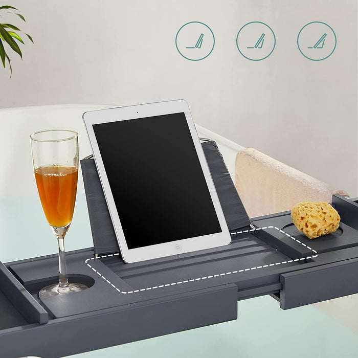 ausziehbare Badewannenablage aus Bambus, Badewannenbrett, Badewannen Ablagen mit Getränkehalter, Buchstütze, Seifenhalter